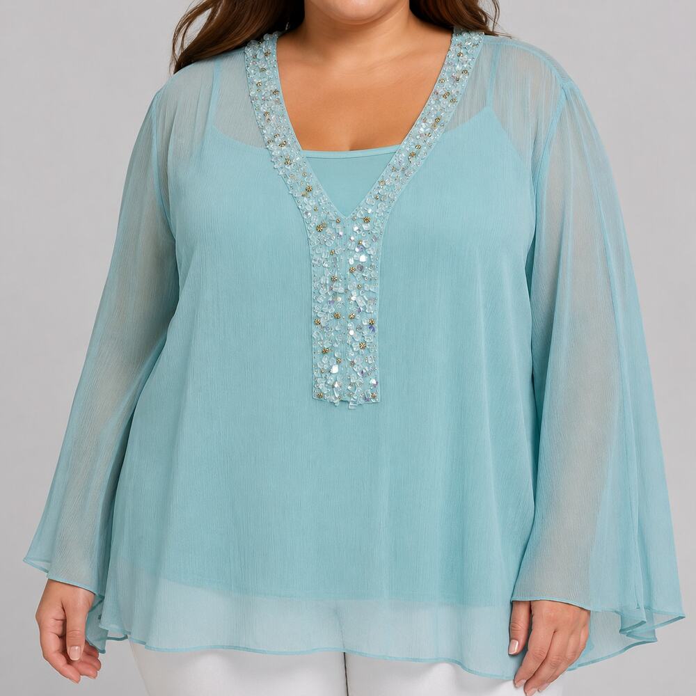Me by Emme 3X Teal Blue Beaded Sheer Top & Tank Set Plus Size